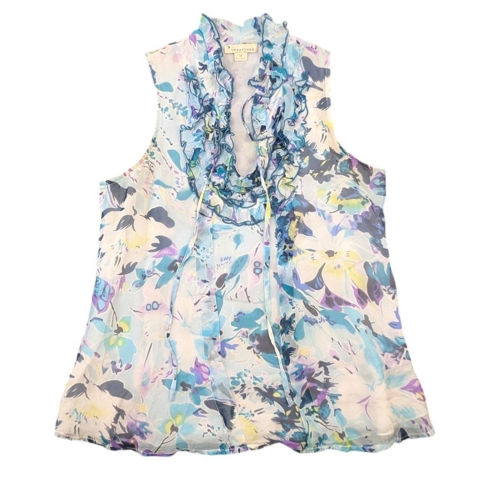 Twentyone Women Blue Floral Silk Ruffle Sleeveless Blouse Size M Sheer Chiffon